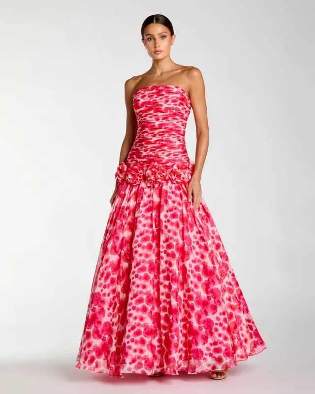 Pink Strapless Chiffon Ball Gown with 3D Flowers sold by Mac Duggal