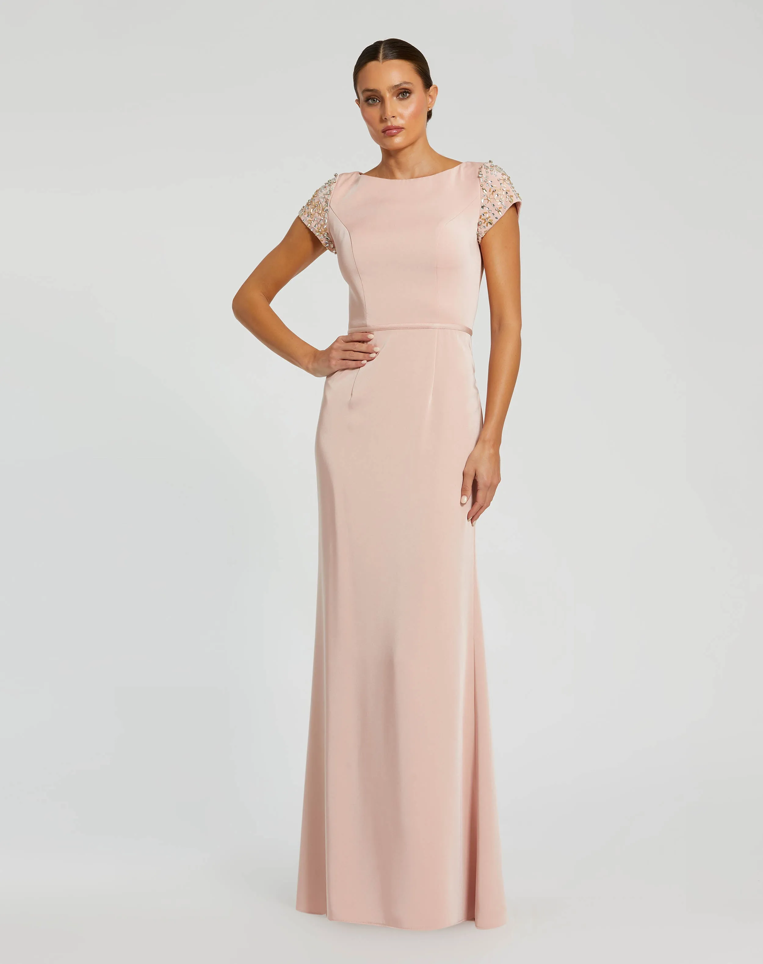 Light Pink Beaded Cap Sleeve Satin Column Gown sold by Mac Duggal