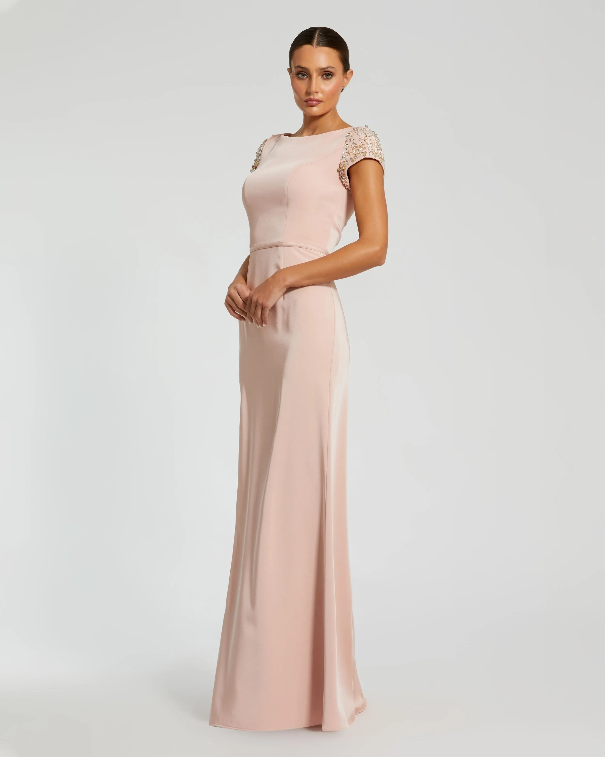 Light Pink Beaded Cap Sleeve Satin Column Gown sold by Mac Duggal product image thumbnail 3