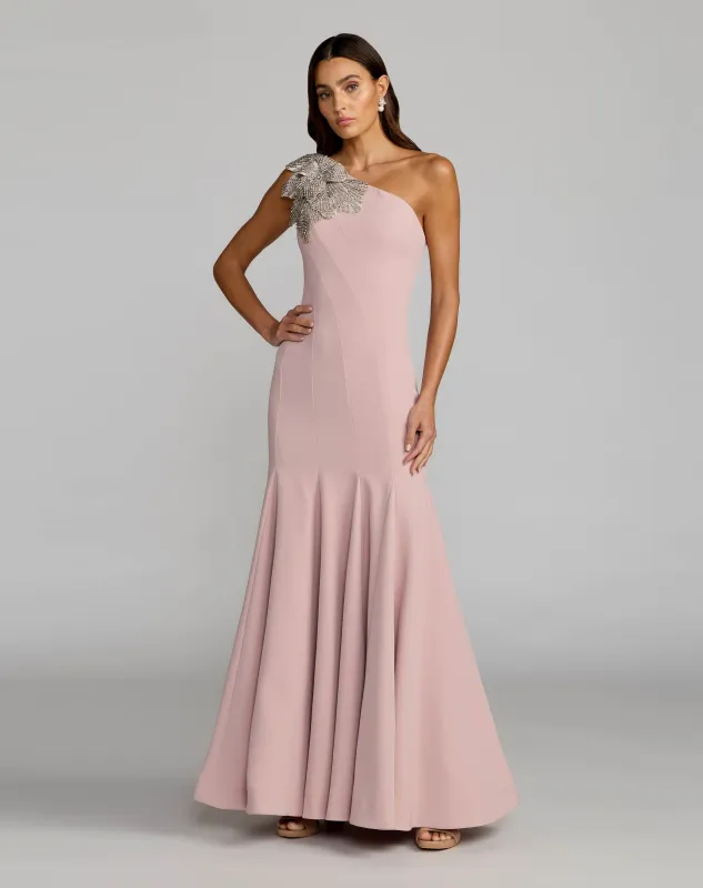 Pink Crepe One Shoulder Gown With Crystal Flower made by Mac Duggal