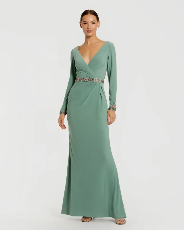 Green Jersey Long Sleeve V Neck Gown With Beaded Belt sold by Mac Duggal