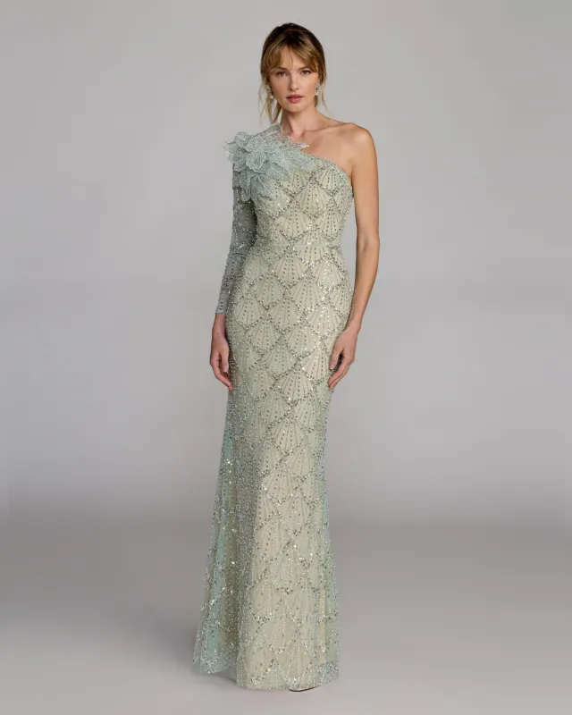 Seafoam One Shoulder Embellished Gown With Floral Accent made by Mac Duggal