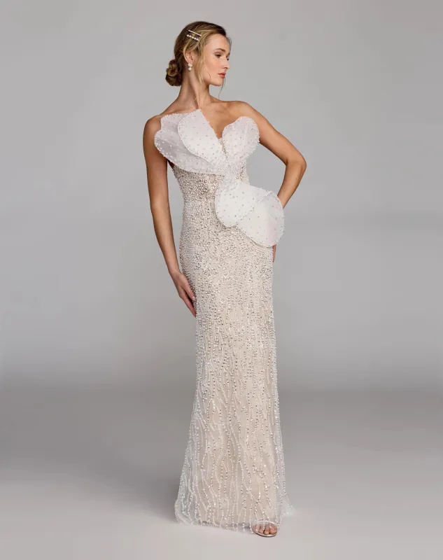 Ivory Strapless Embellished Column Gown with Bow sold by Mac Duggal