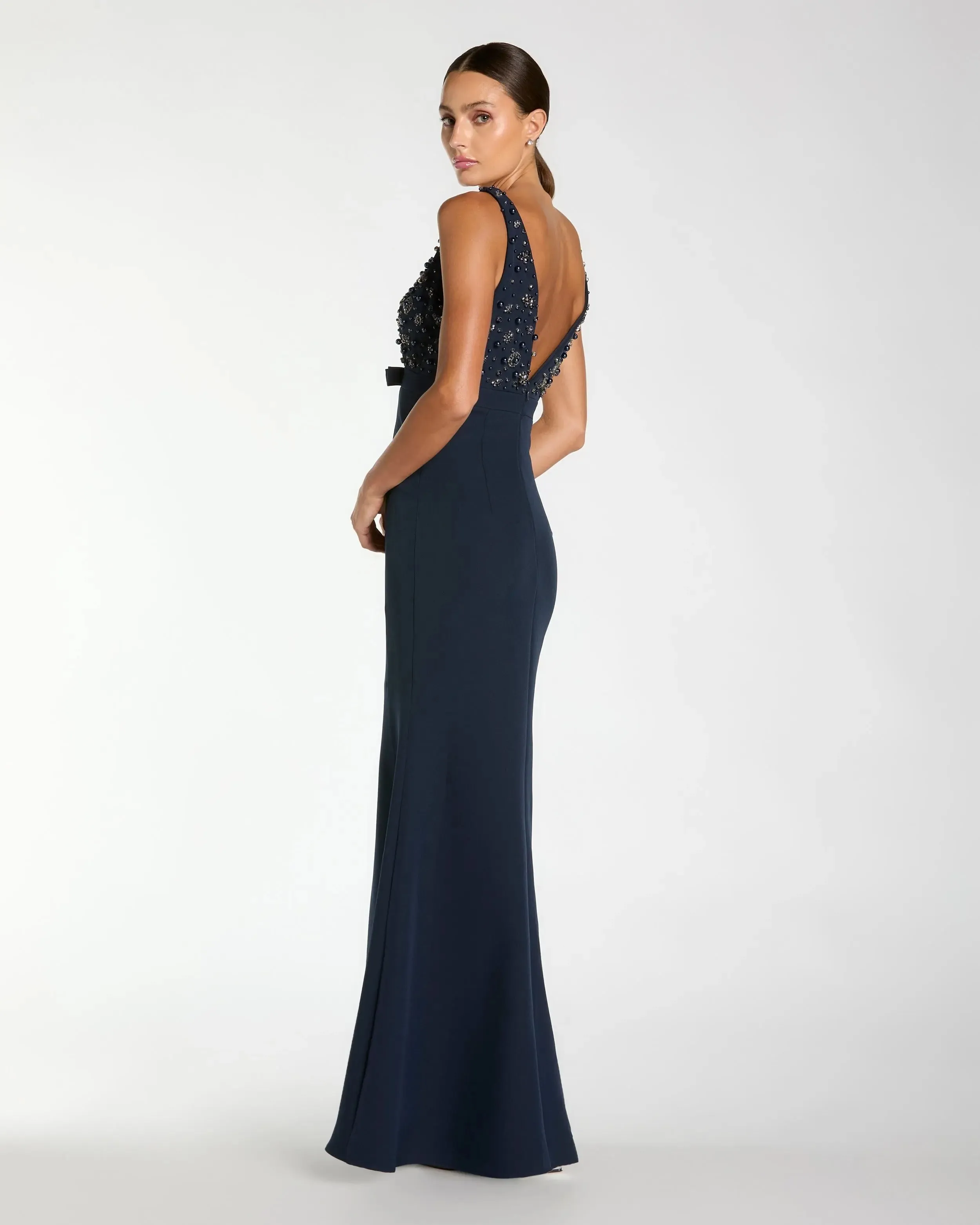 Navy Crepe Sleeveless Beaded V Neck Gown With Bow sold by Mac Duggal product image thumbnail 3