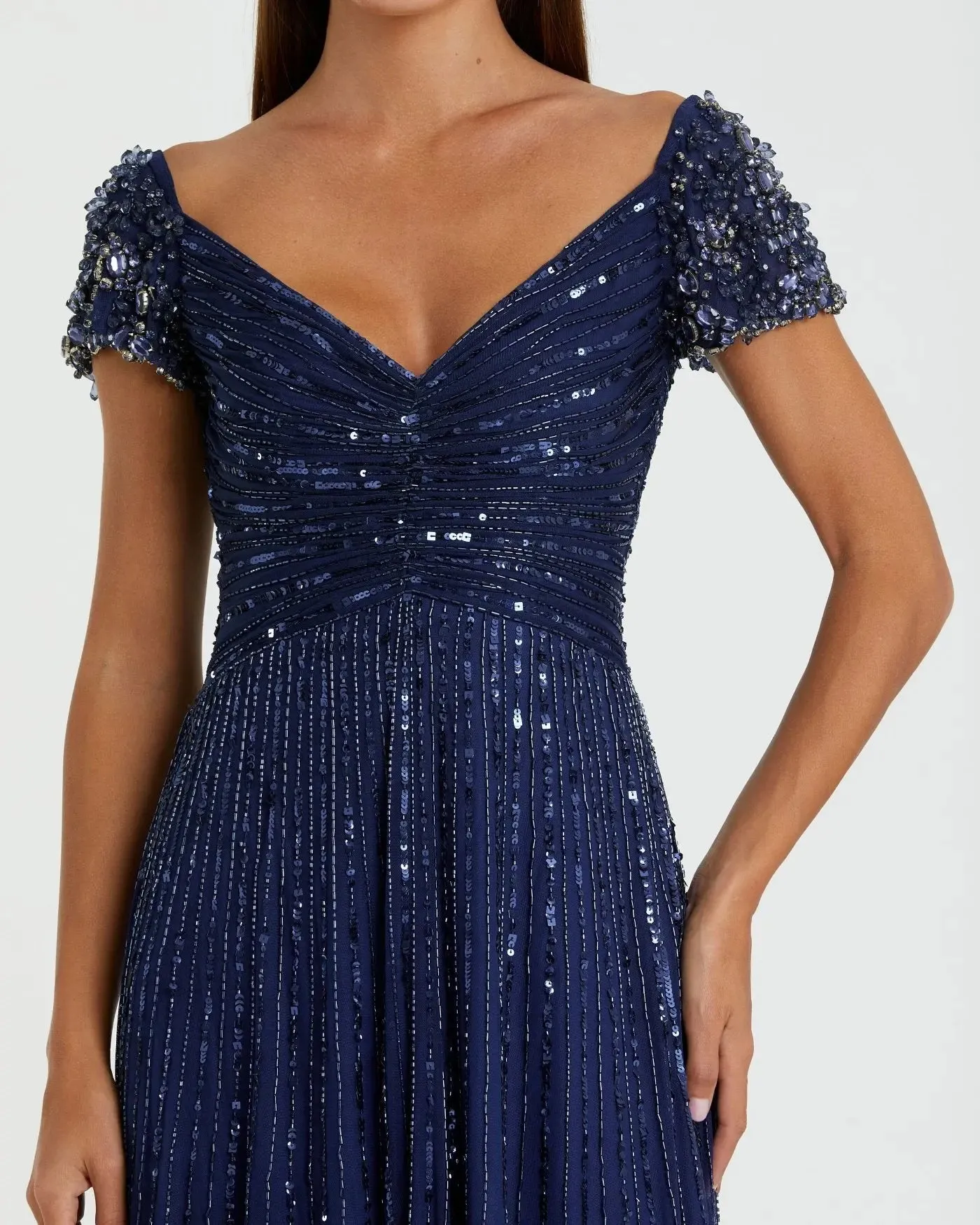 Navy Sequined Evening Gown With Embellished Shoulders sold by Mac Duggal product image thumbnail 2