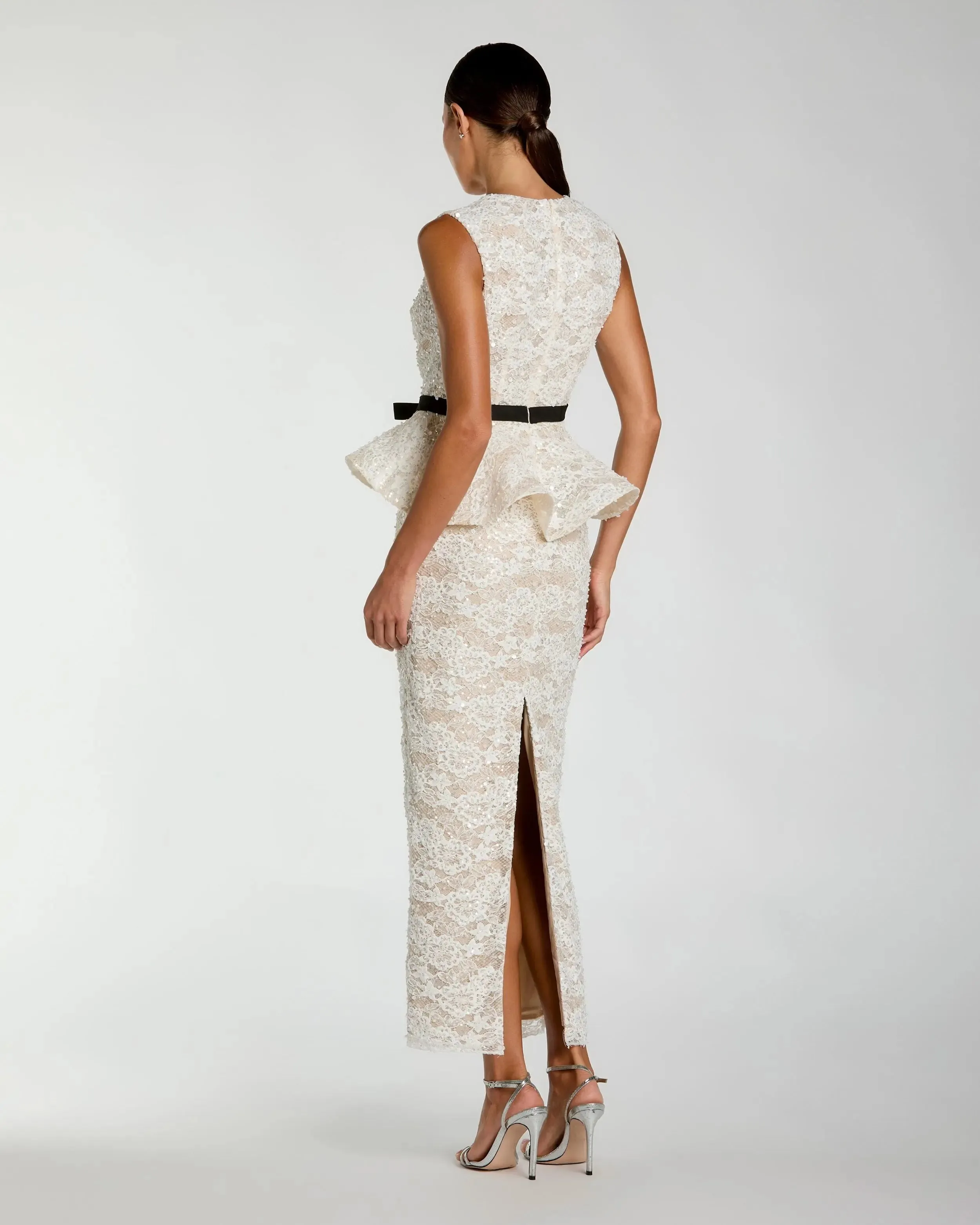 White Lace Peplum Column Dress with Bow sold by Mac Duggal product image thumbnail 3