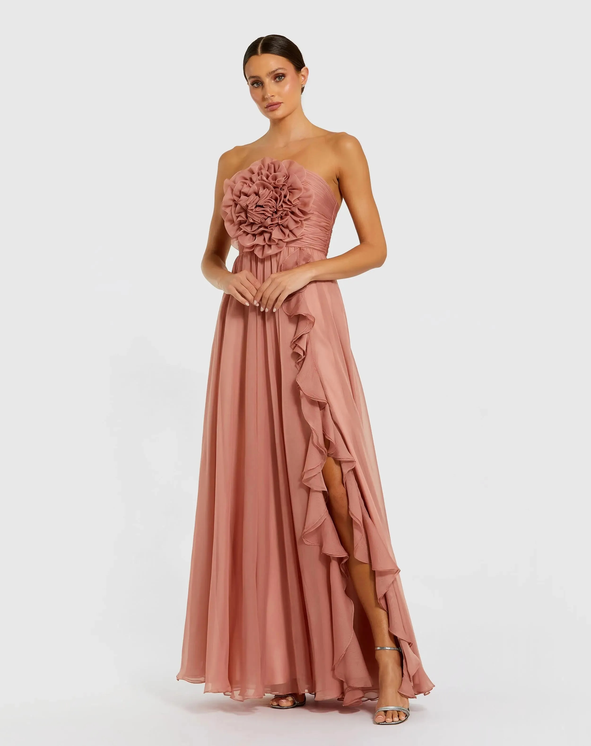 Pink Strapless Chiffon Gown With Oversized 3D Flower sold by Mac Duggal