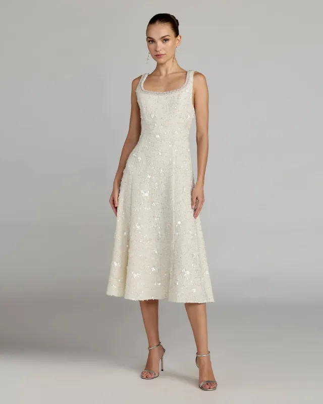 Ivory Embellished Boucle Midi Dress sold by Mac Duggal