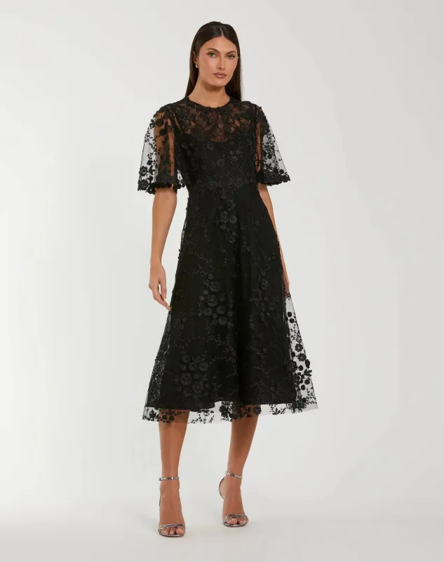 Flutter Sleeve Embroidered Midi Dress made by Mac Duggal