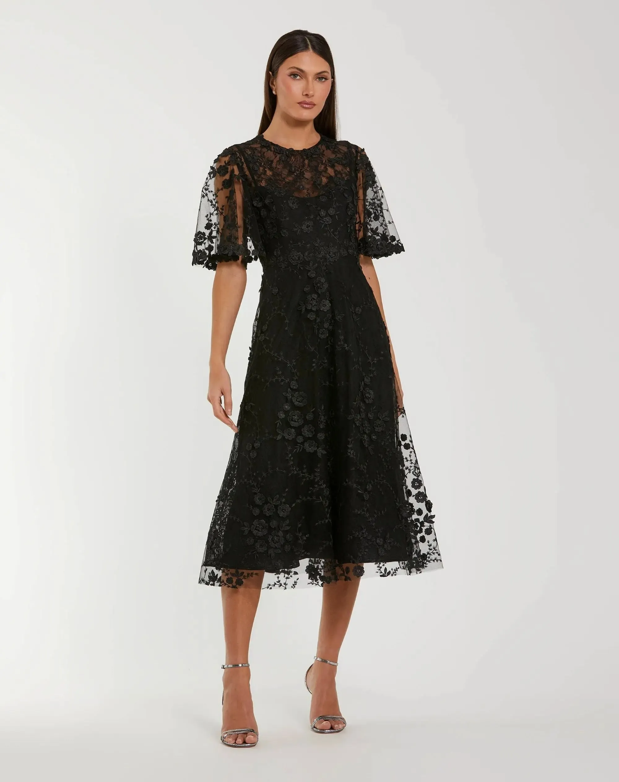 Flutter Sleeve Embroidered Midi Dress sold by Mac Duggal