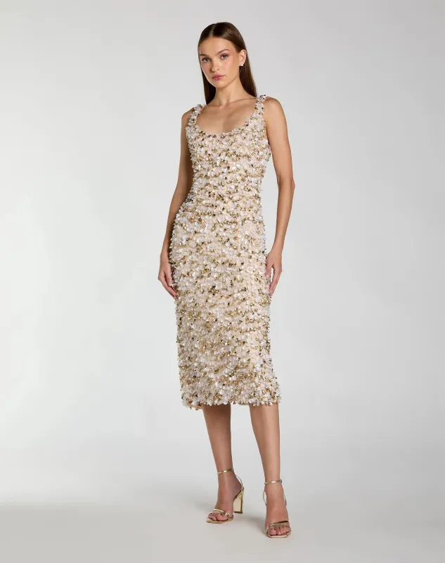 Beige Sleeveless Paillette Embellished Fitted Midi Dress sold by Mac Duggal