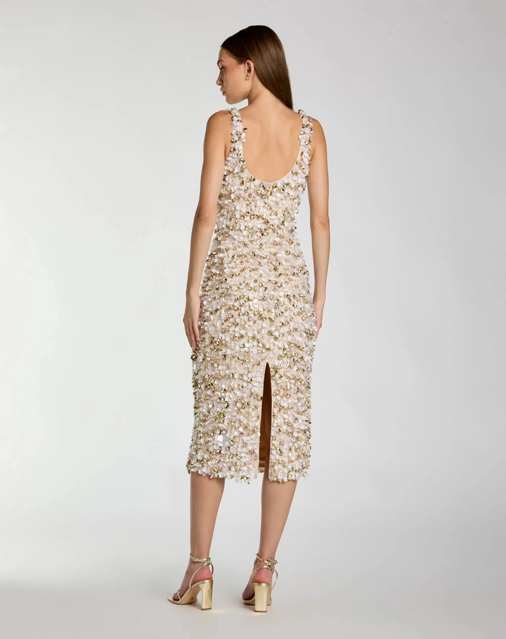 Beige Sleeveless Paillette Embellished Fitted Midi Dress sold by Mac Duggal product image thumbnail 3
