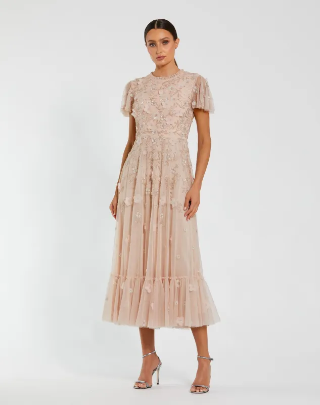 Light Pink Embellished High Neck Flutter Sleeve A Line Dress sold by Mac Duggal