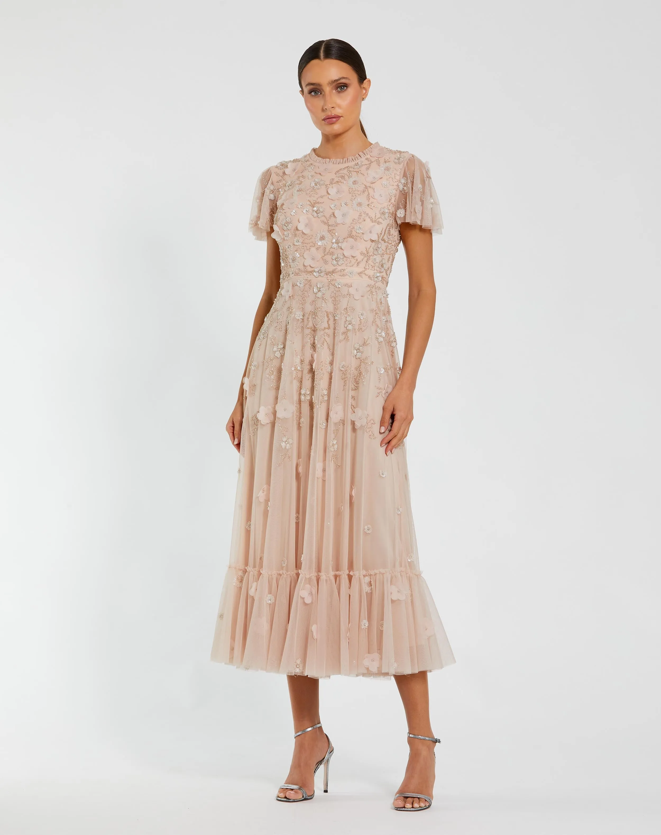 Blush Embellished High Neck Flutter Sleeve A Line Dress sold by Mac Duggal