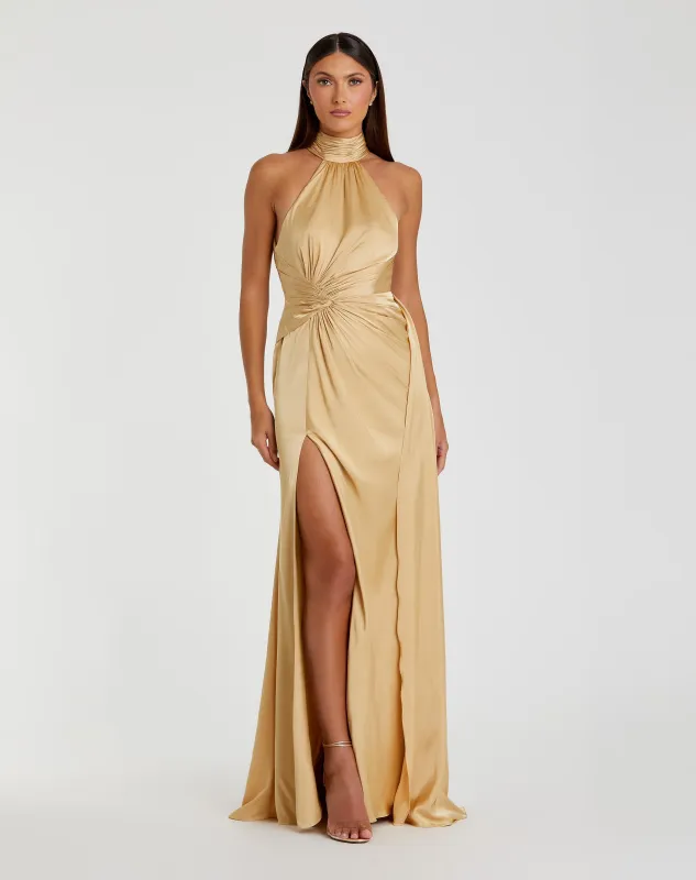 Gold Open Back High Neck Side Ruched Gown sold by Mac Duggal