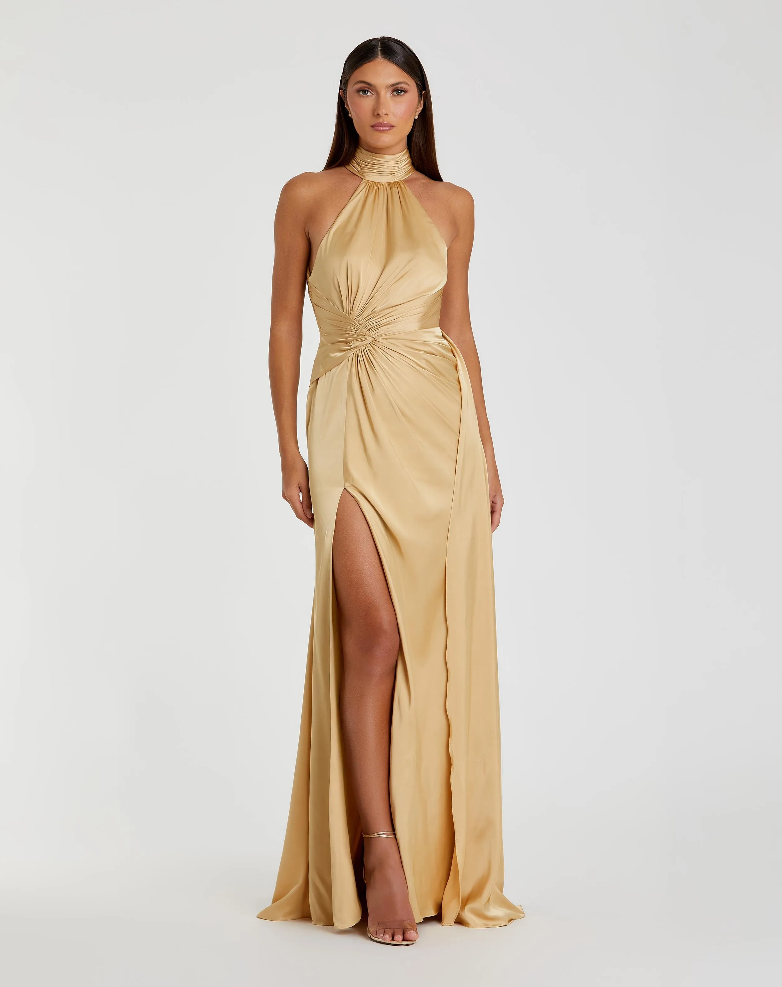 Gold Open Back High Neck Side Ruched Gown sold by Mac Duggal