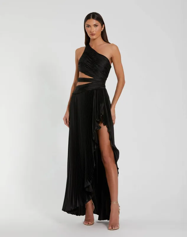 Black One Shoulder Pleated Charmeuse Gown with Slit made by Mac Duggal