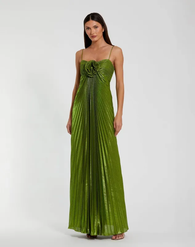Green Metallic Pleated Gown with 3D Flower sold by Mac Duggal