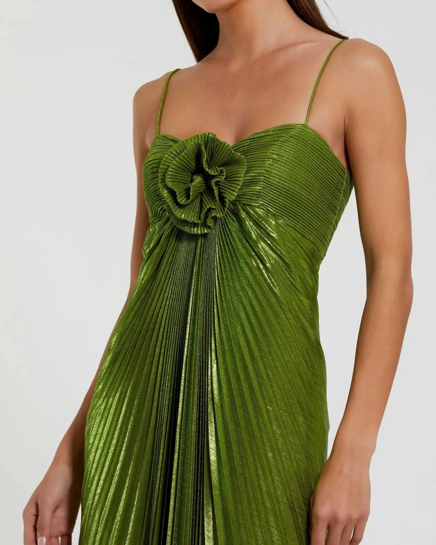 Green Metallic Pleated Gown with 3D Flower sold by Mac Duggal product image thumbnail 2