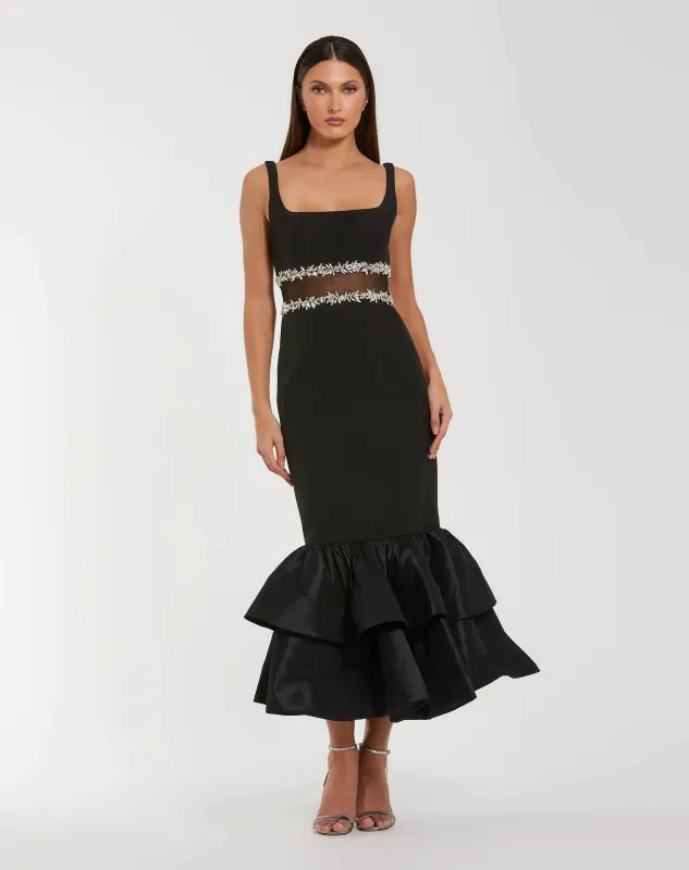 Petite Black Crepe Ruffle Hem Midi Dress With Jewel Detail sold by Mac Duggal