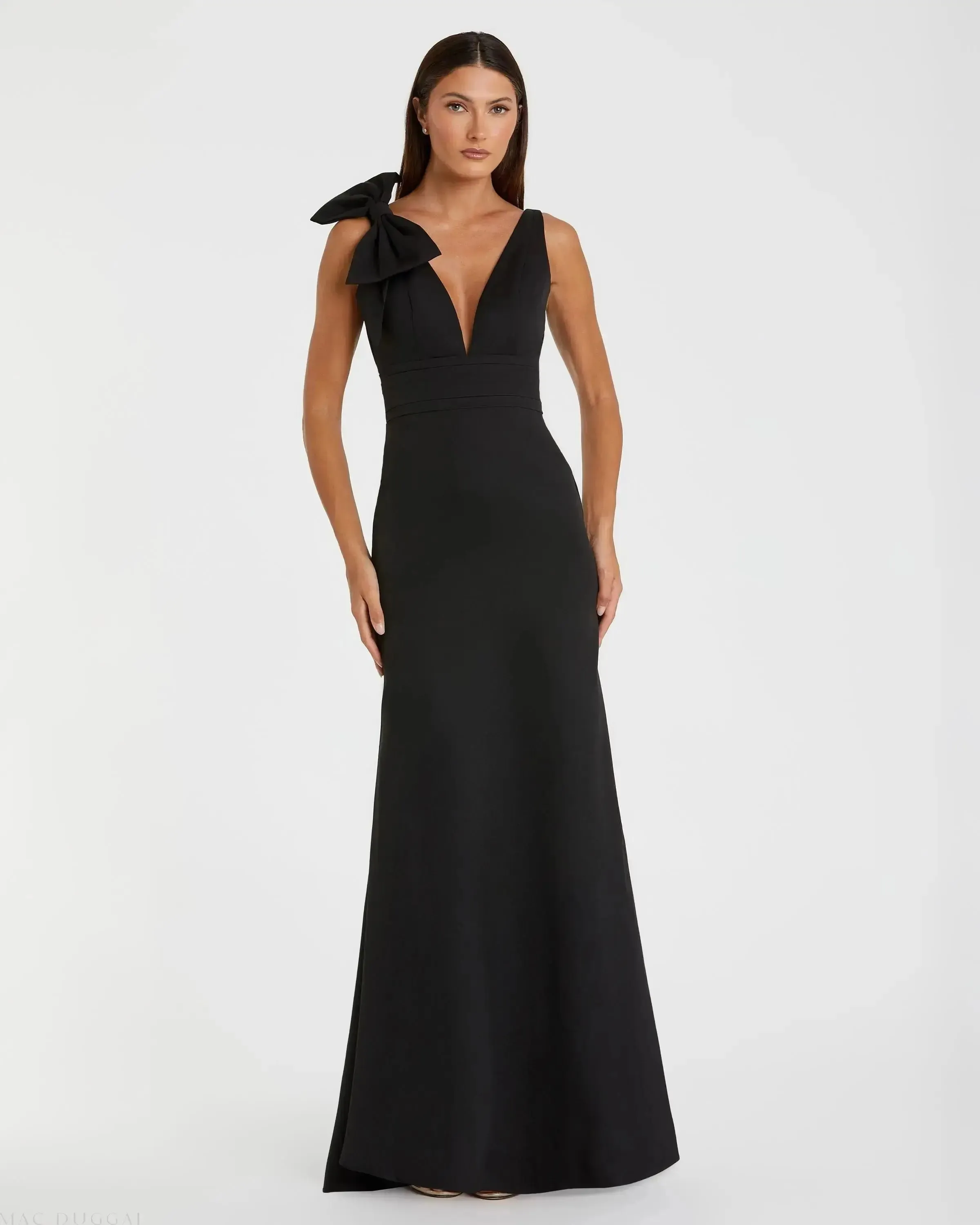 Petite Black Sleeveless V Neck Bow Detail Mermaid Gown sold by Mac Duggal