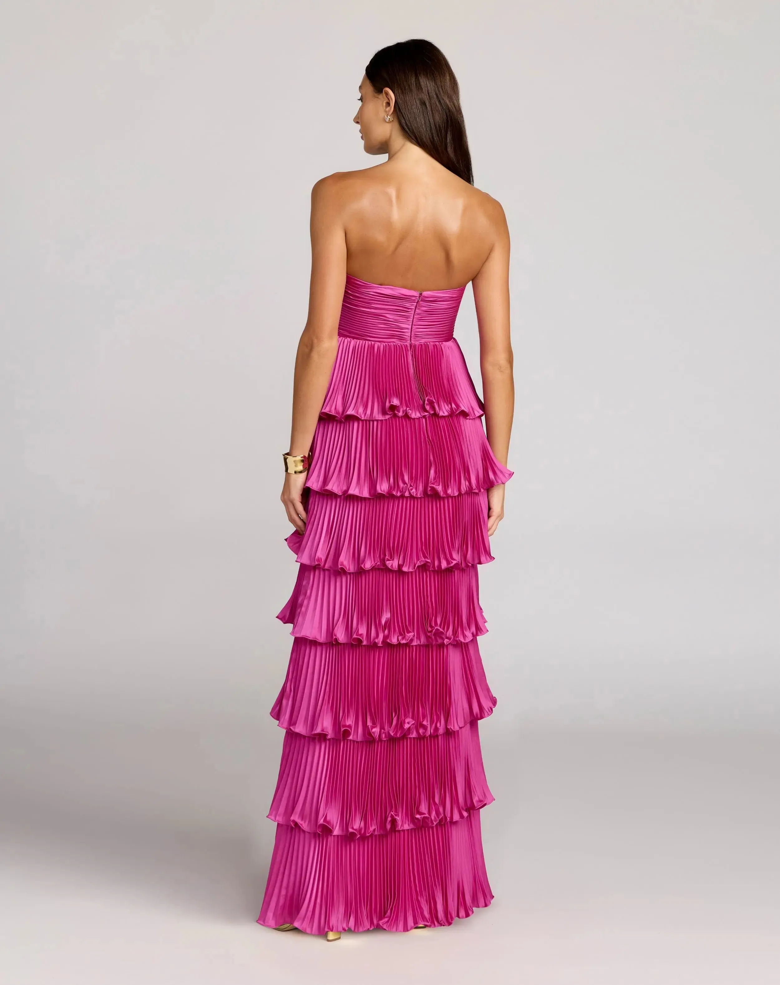 Petite Pink Pleated Charmeuse Strapless Tiered Ruffle Gown sold by Mac Duggal product image thumbnail 3