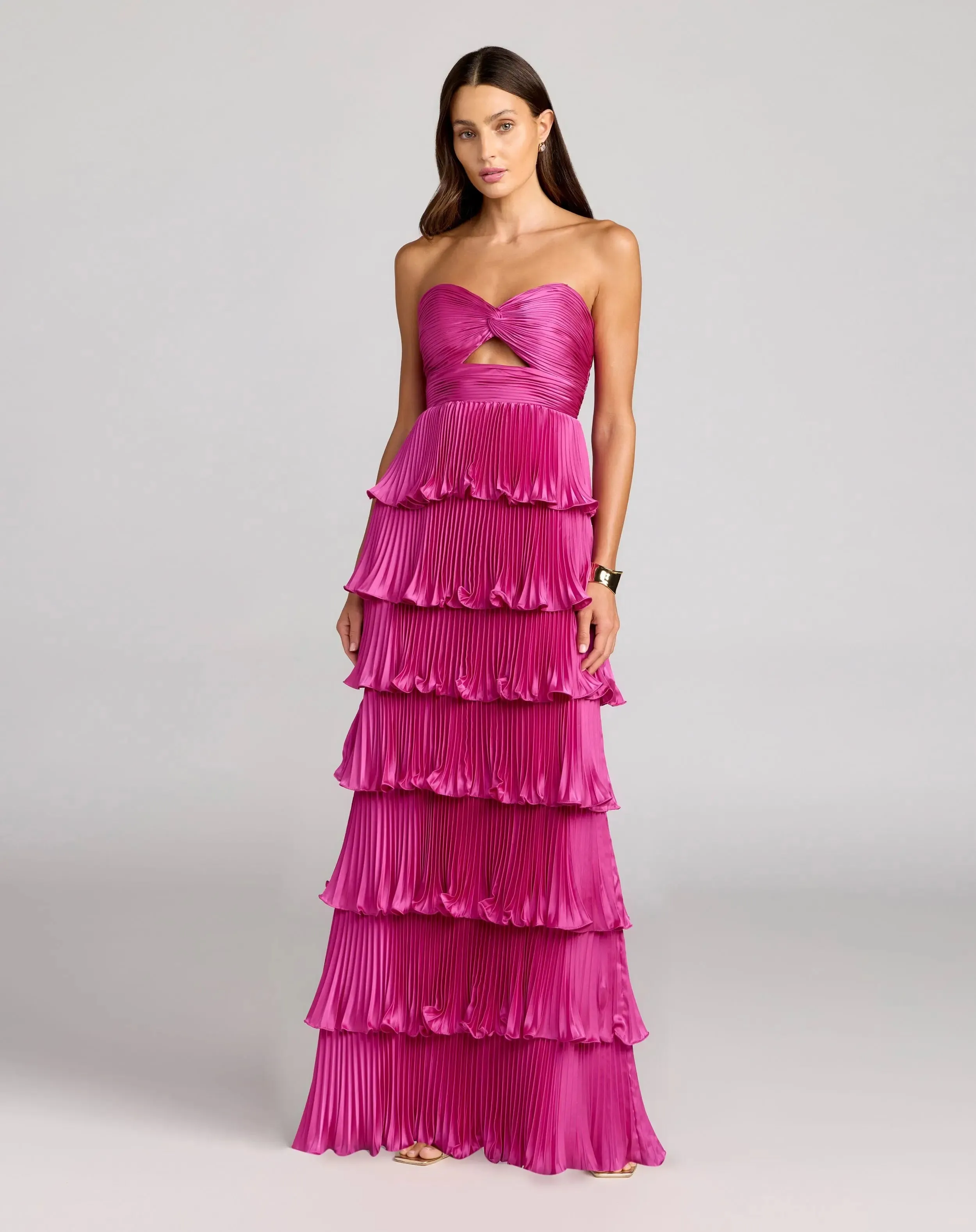Petite Pink Pleated Charmeuse Strapless Tiered Ruffle Gown sold by Mac Duggal