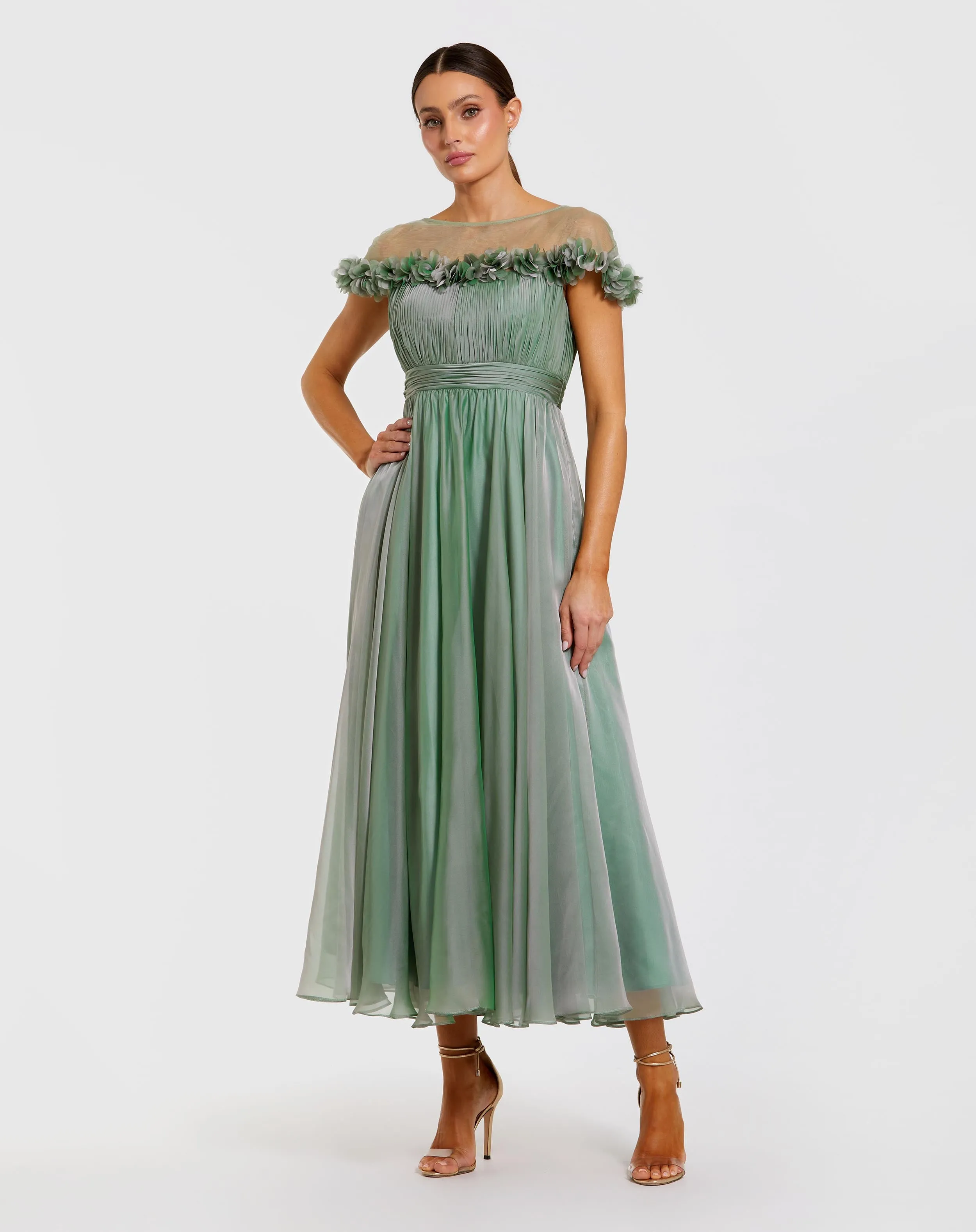 Green Chiffon Illusion Neck Midi Dress With 3D Flowers sold by Mac Duggal