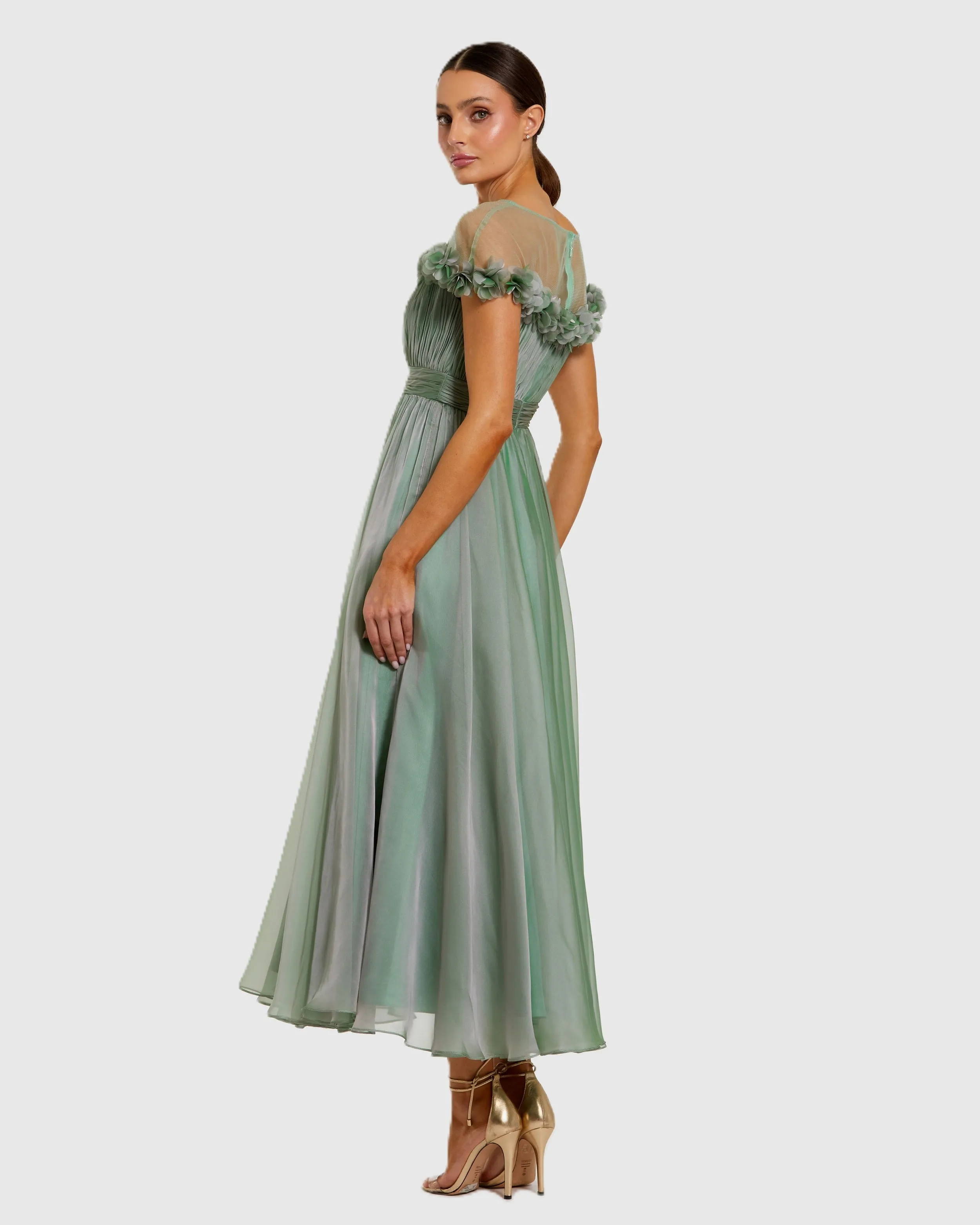 Green Chiffon Illusion Neck Midi Dress With 3D Flowers sold by Mac Duggal product image thumbnail 3
