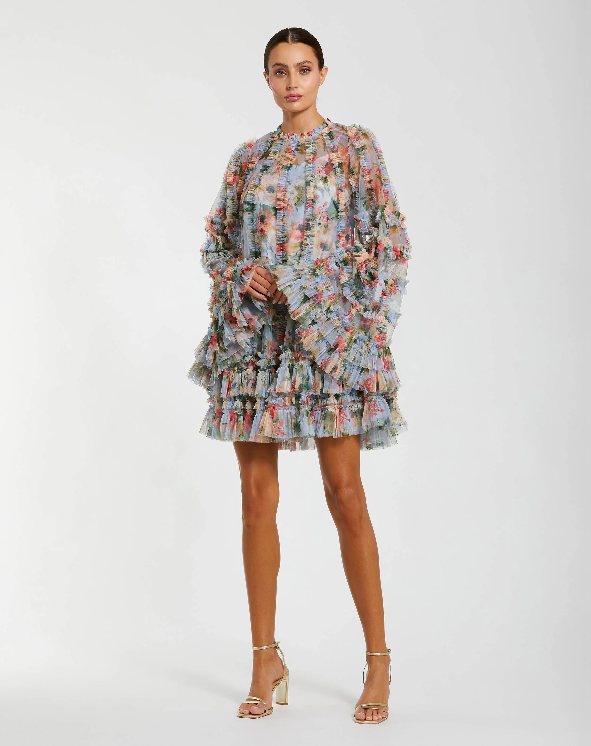 Printed Mesh Ruffle High Neck Mini Dress sold by Mac Duggal