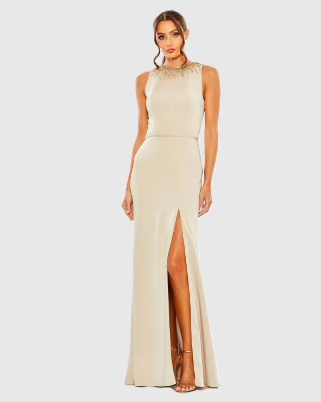 Beige High-Neck Rhinestone Column Gown with Slit sold by Mac Duggal