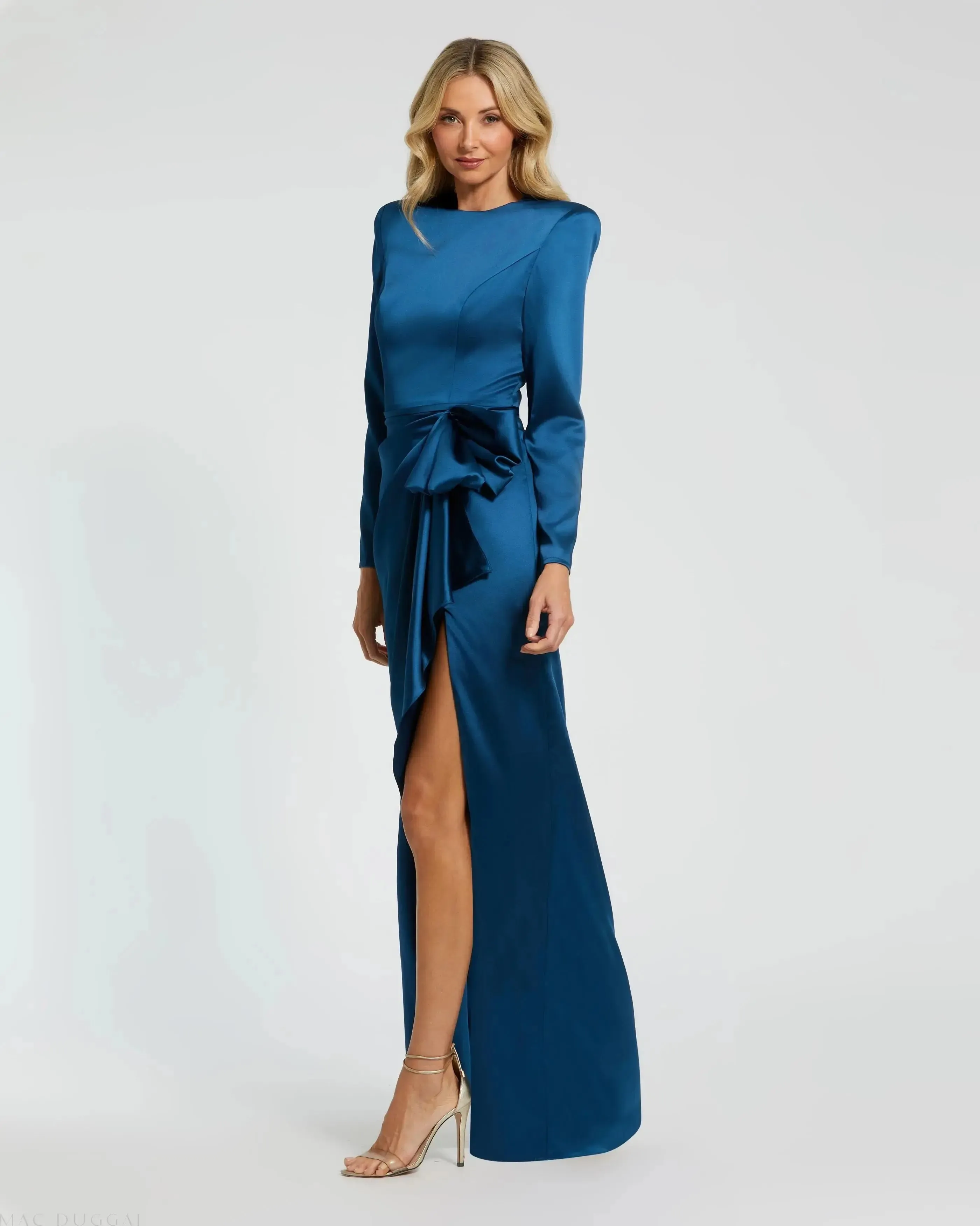 Petite Blue Long Sleeve Satin Structured Bow Draped Column Gown sold by Mac Duggal product image thumbnail 3