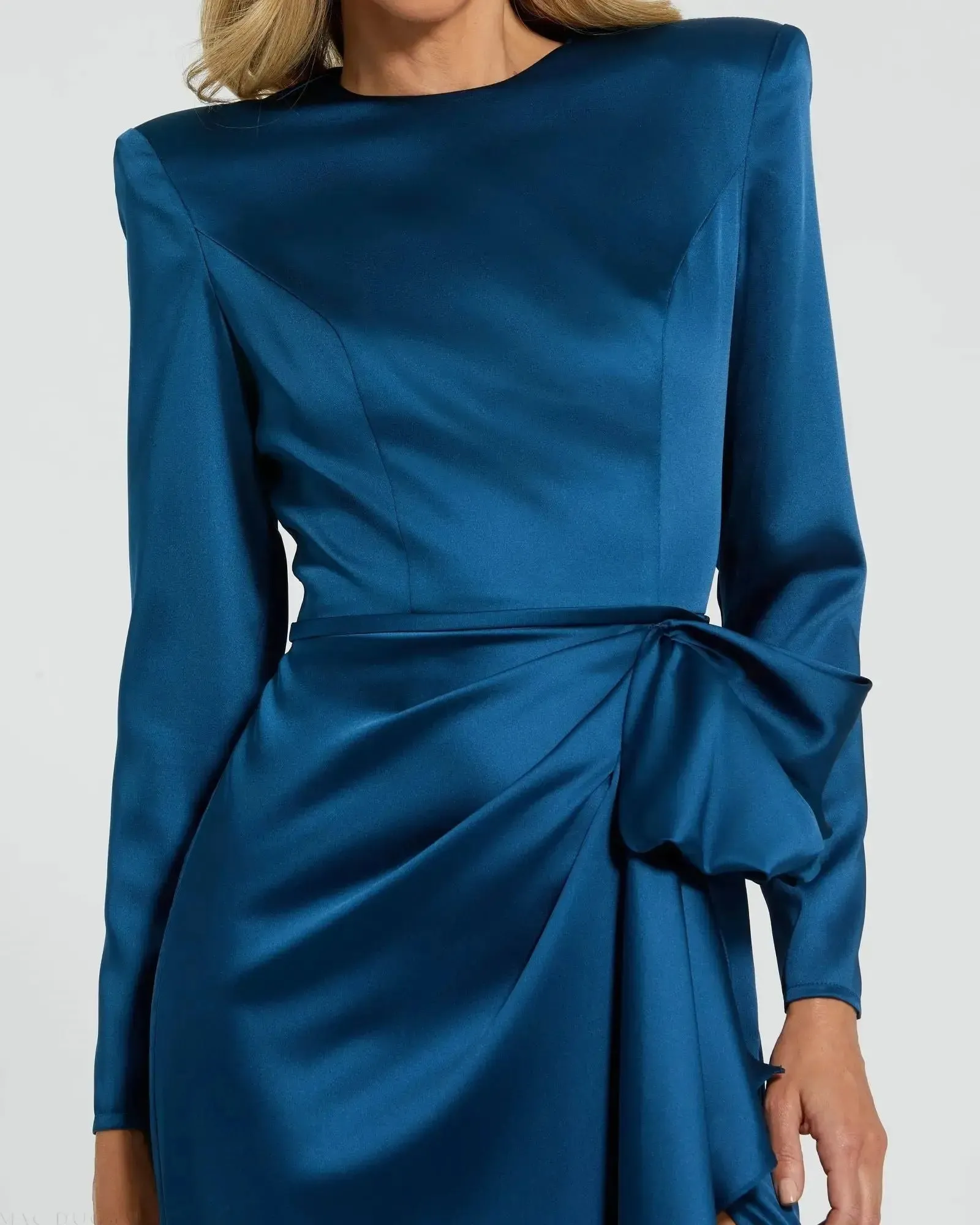 Petite Blue Long Sleeve Satin Structured Bow Draped Column Gown sold by Mac Duggal product image thumbnail 2