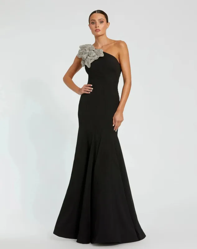 Petite Black Crepe One Shoulder Mermaid Gown With Flower made by Mac Duggal
