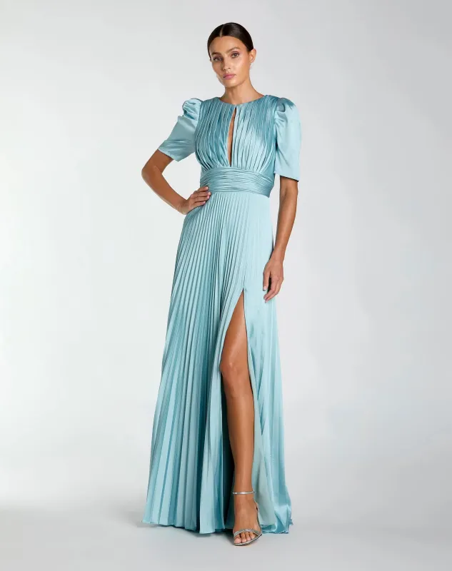 Pleated Charmeuse Puff Sleeve Evening Gown With Slit sold by Mac Duggal