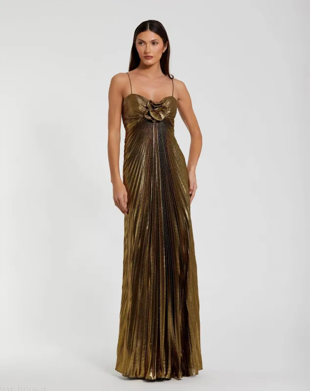 Metallic Pleated Gown with 3D Flower sold by Mac Duggal
