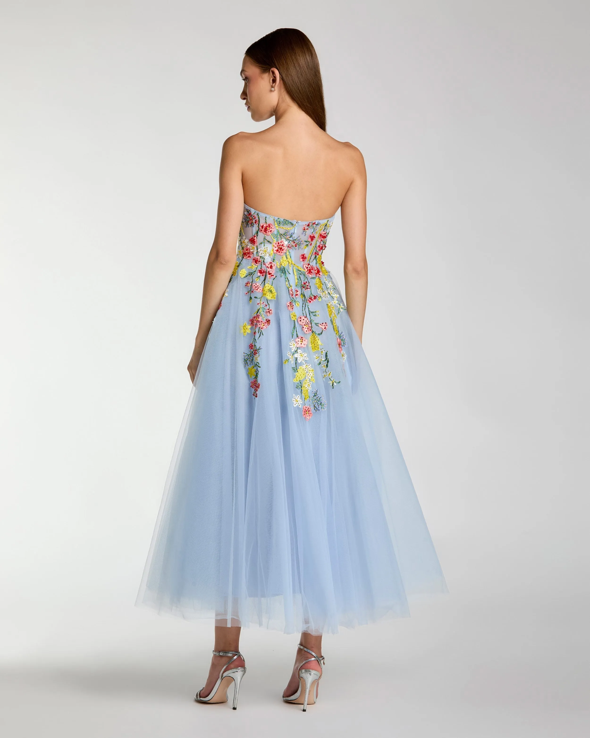 Blue Strapless Floral Embroidered A-Line Midi Dress sold by Mac Duggal product image thumbnail 3