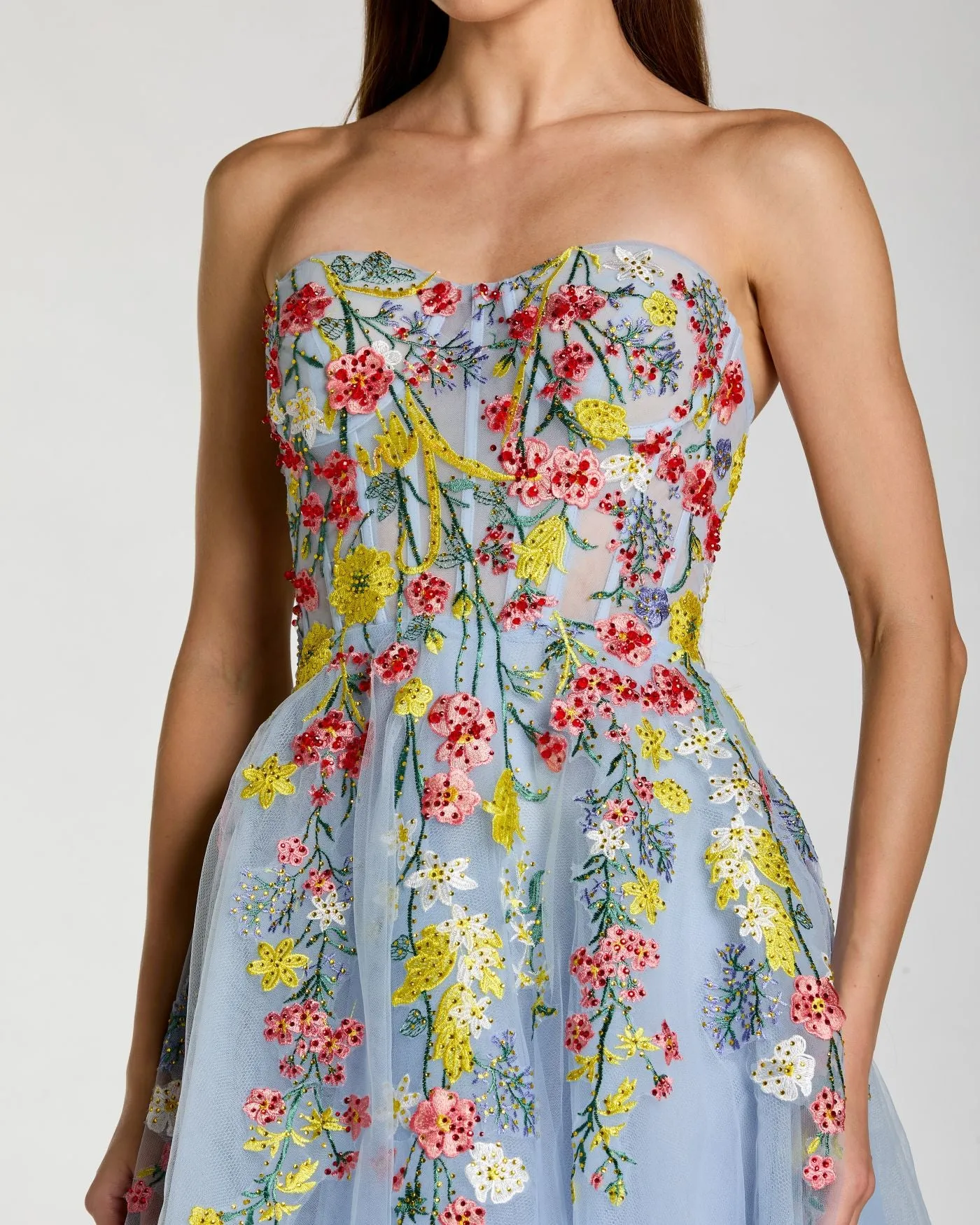 Blue Strapless Floral Embroidered A-Line Midi Dress sold by Mac Duggal product image thumbnail 2