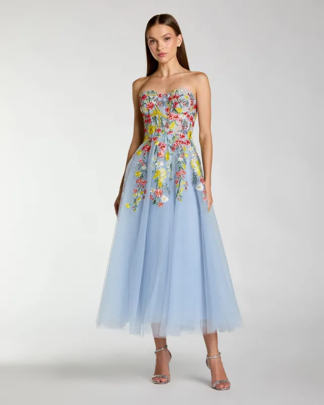 Blue Strapless Floral Embroidered A-Line Midi Dress sold by Mac Duggal