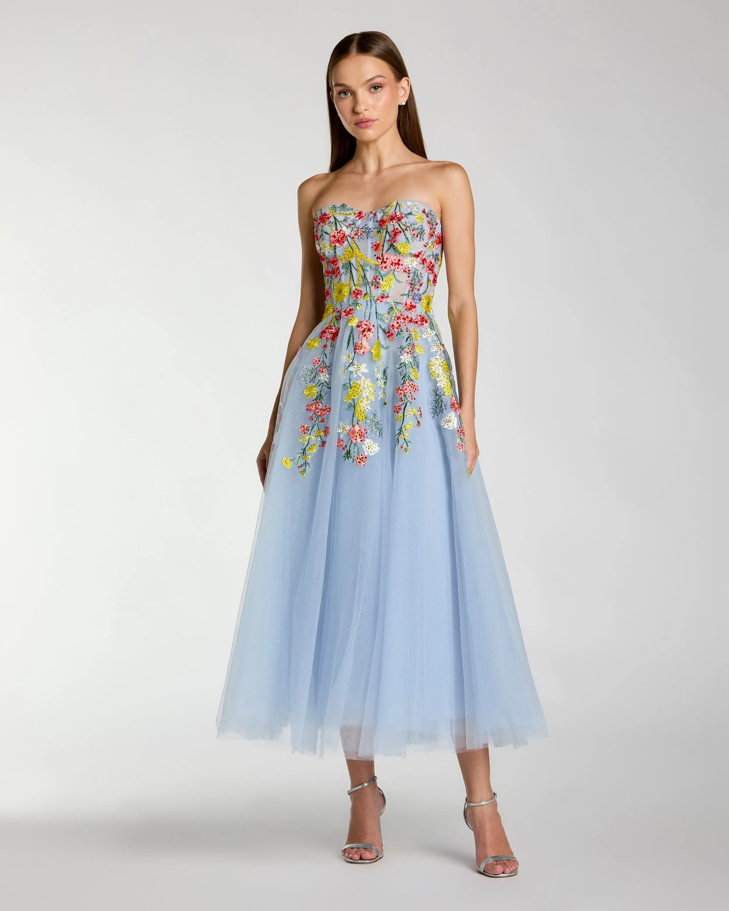 Blue Strapless Floral Embroidered A-Line Midi Dress sold by Mac Duggal