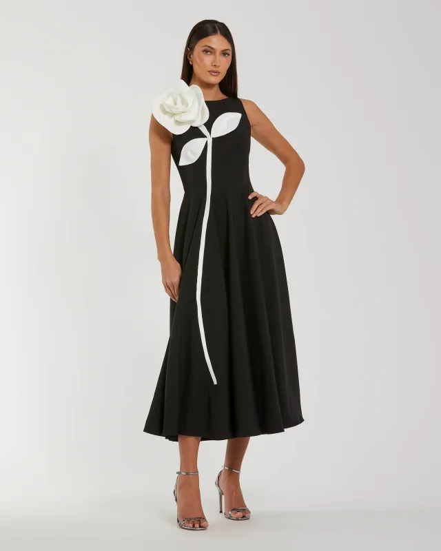 Black Crepe A Line Midi Dress with 3D Flower sold by Mac Duggal