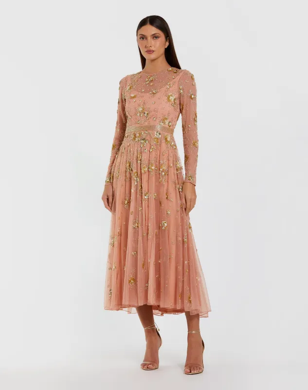 Beige Beaded Long Sleeve A Line Midi Dress sold by Mac Duggal