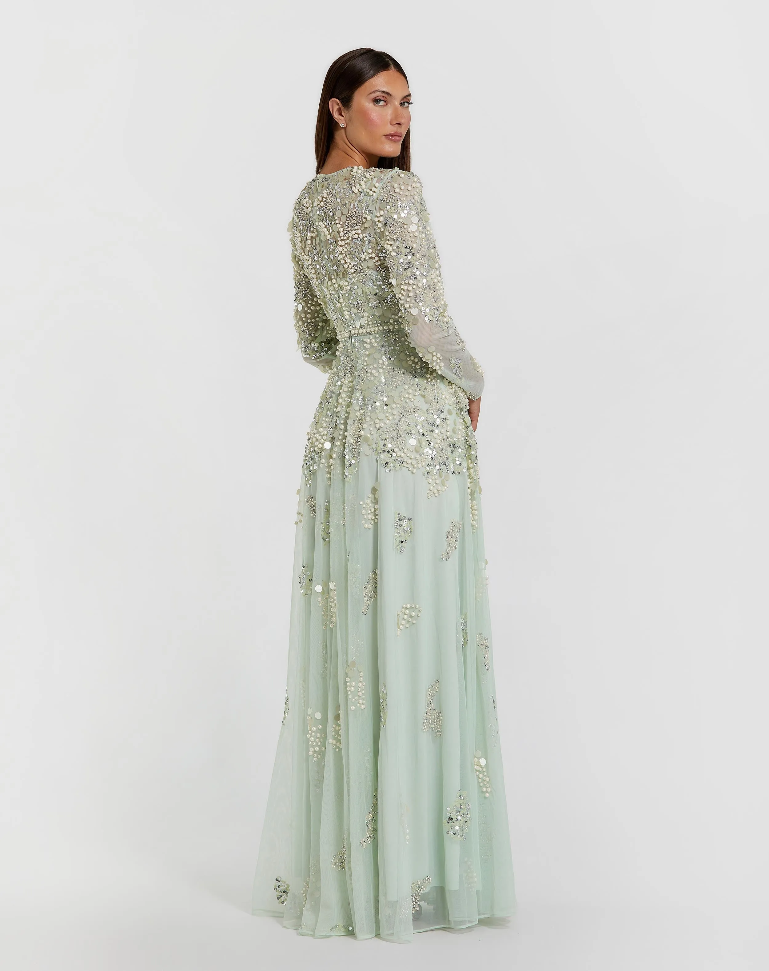 Green Long Sleeve Sequin Pearl Embellished Gown sold by Mac Duggal product image thumbnail 3