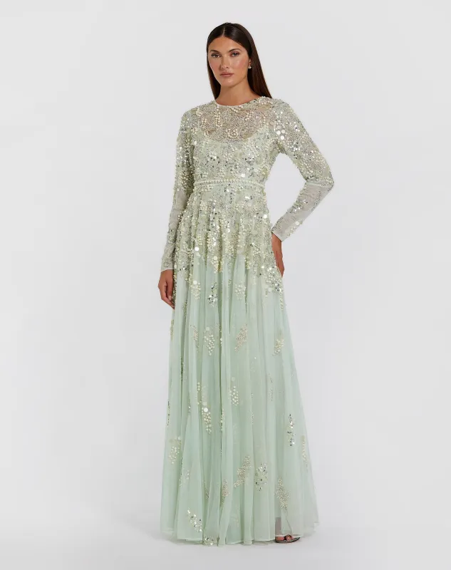 Green Long Sleeve Sequin Pearl Embellished Gown sold by Mac Duggal