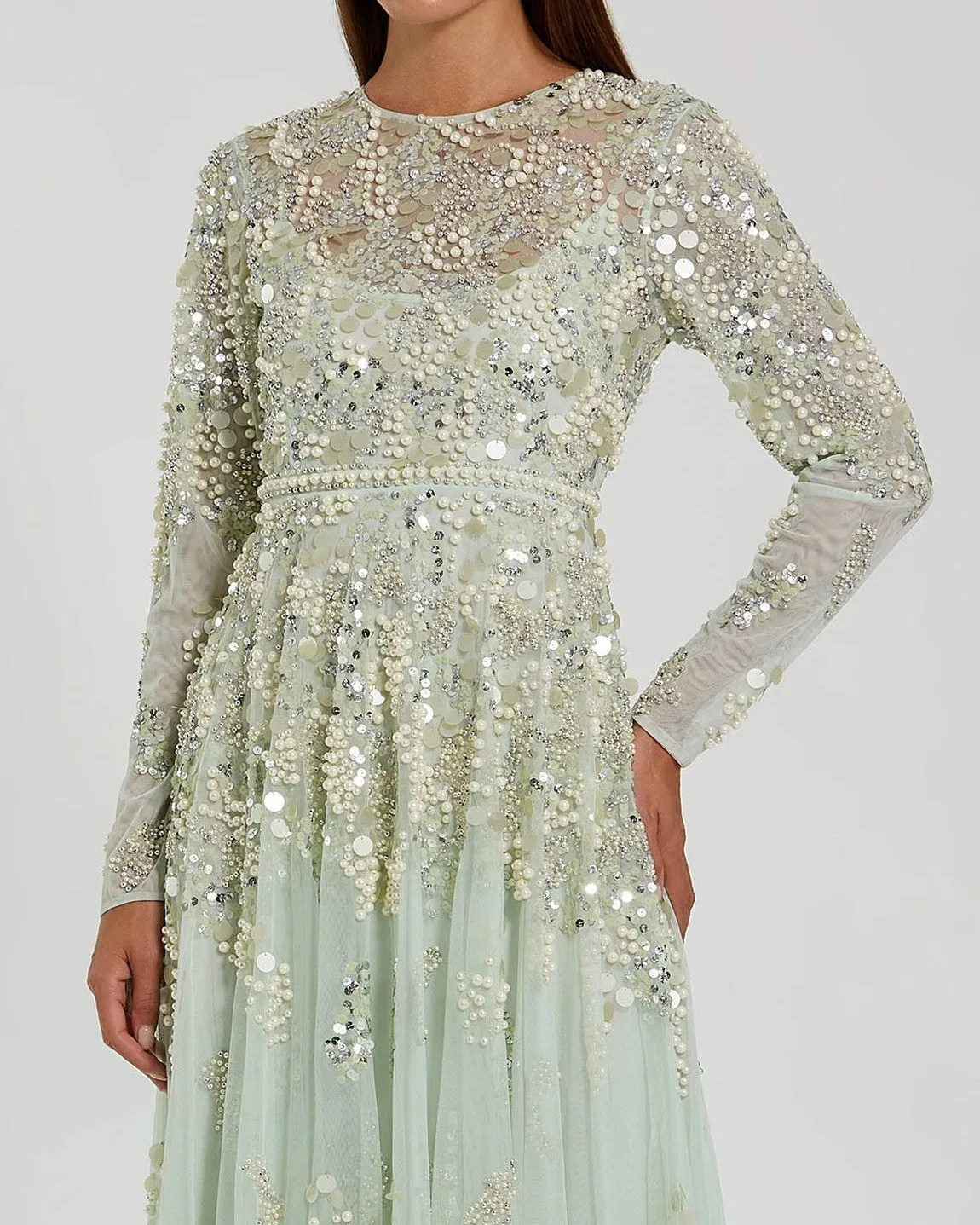 Green Long Sleeve Sequin Pearl Embellished Gown sold by Mac Duggal product image thumbnail 2