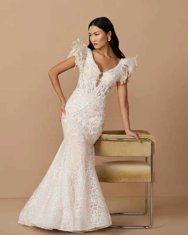 Ivory Embellished Mermaid Gown with Feather Shoulders sold by Mac Duggal