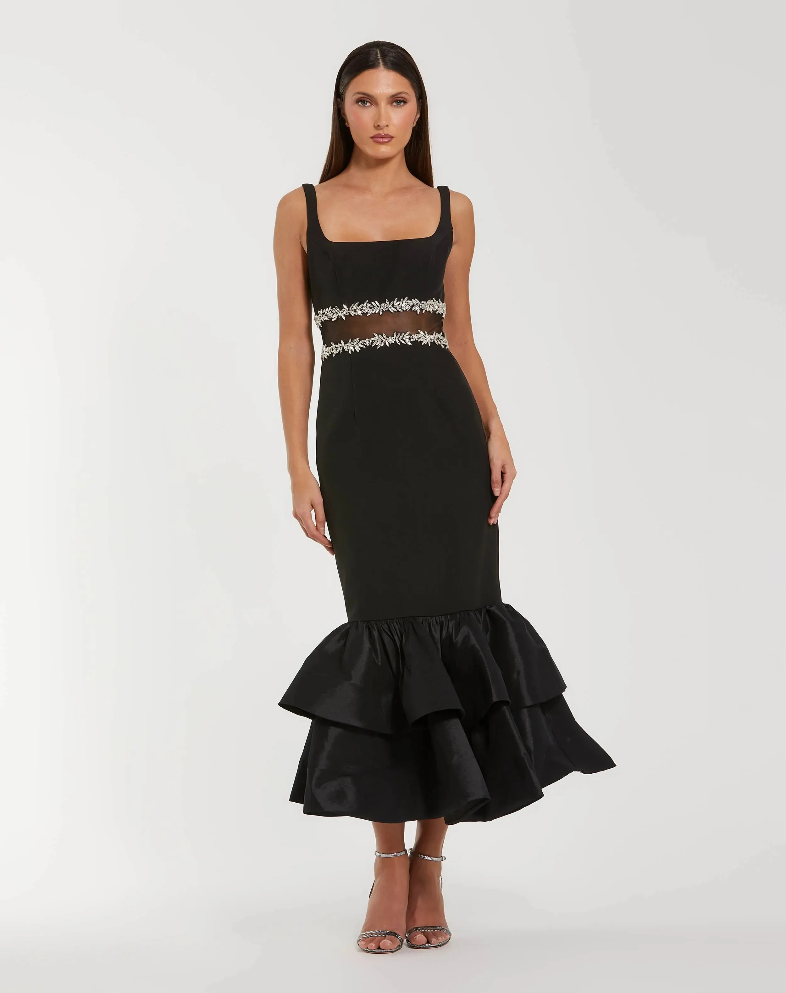 Crepe Ruffle Hem Midi Dress With Jewel Detail sold by Mac Duggal
