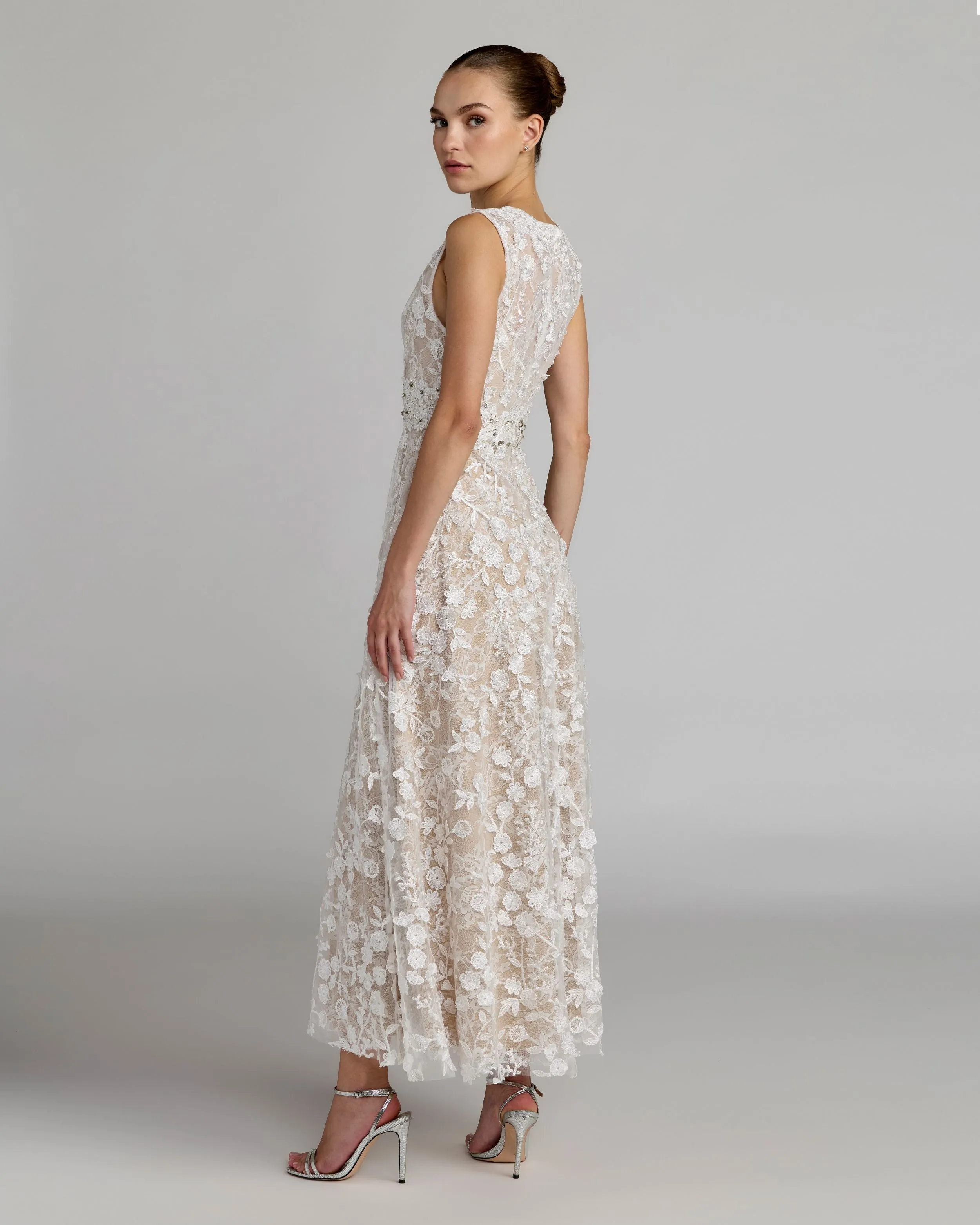 Ivory Floral Embroidered High Neck Midi Dress sold by Mac Duggal product image thumbnail 3