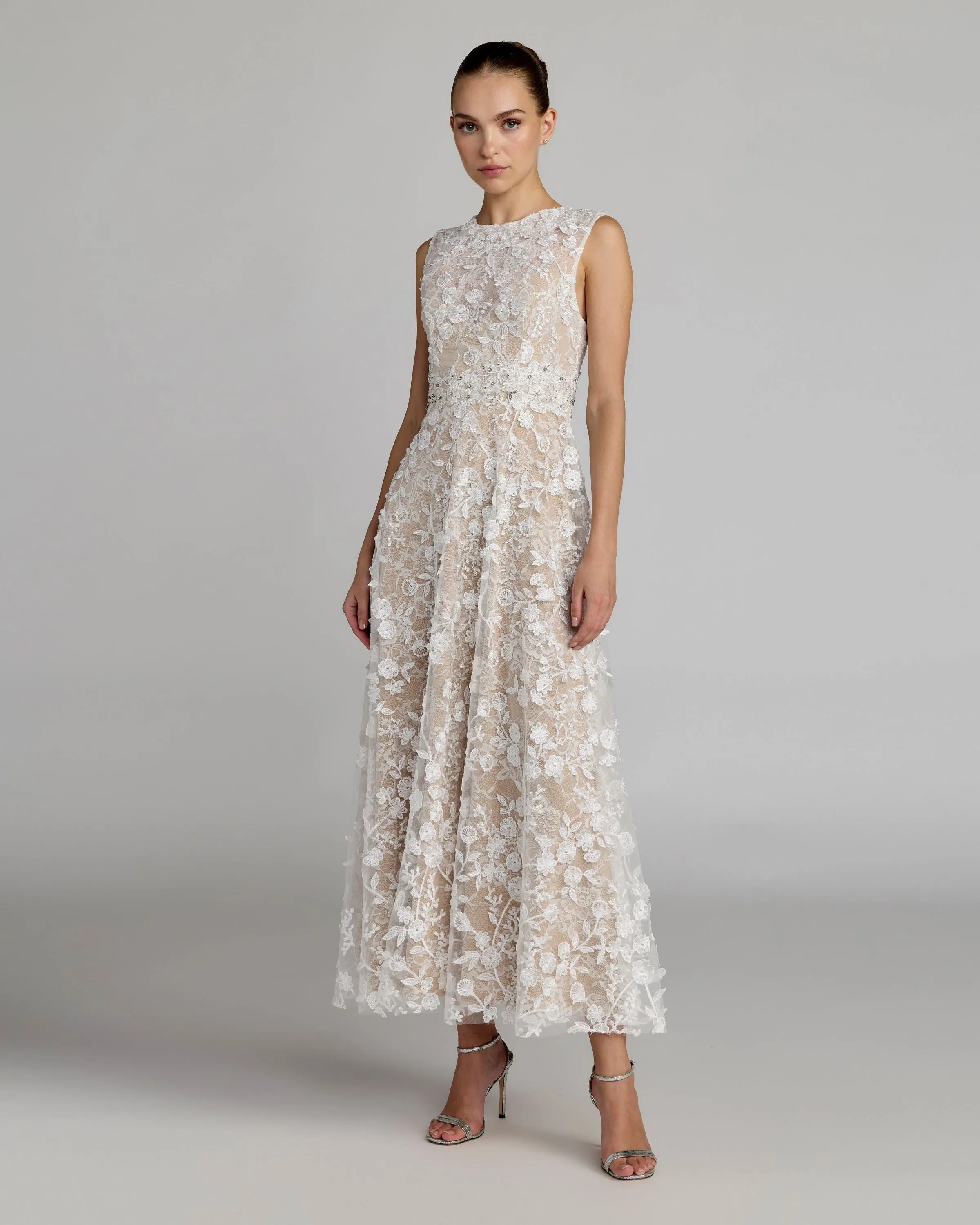 Ivory Floral Embroidered High Neck Midi Dress sold by Mac Duggal