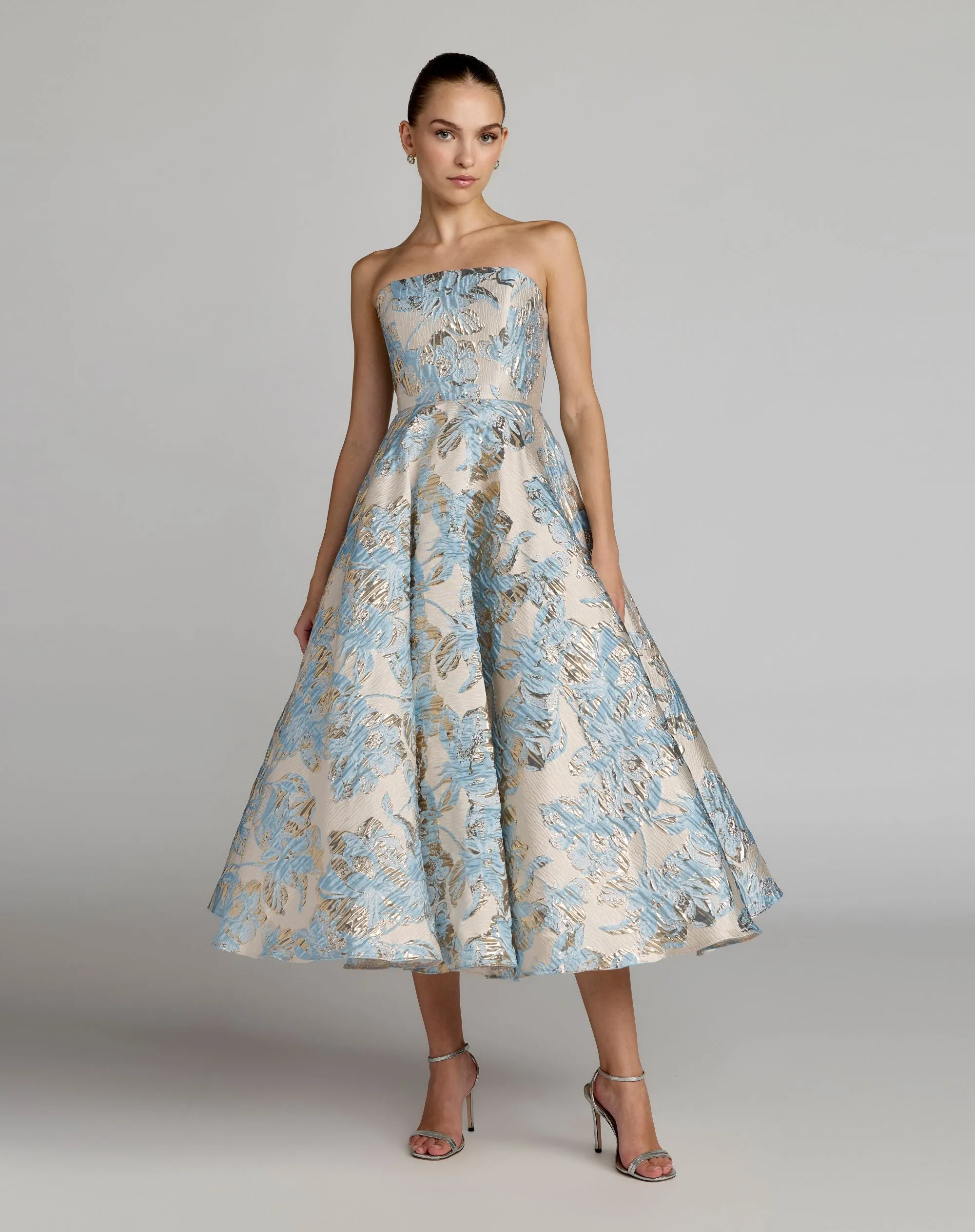 Blue Strapless Brocade A-Line Midi Dress With Pockets sold by Mac Duggal